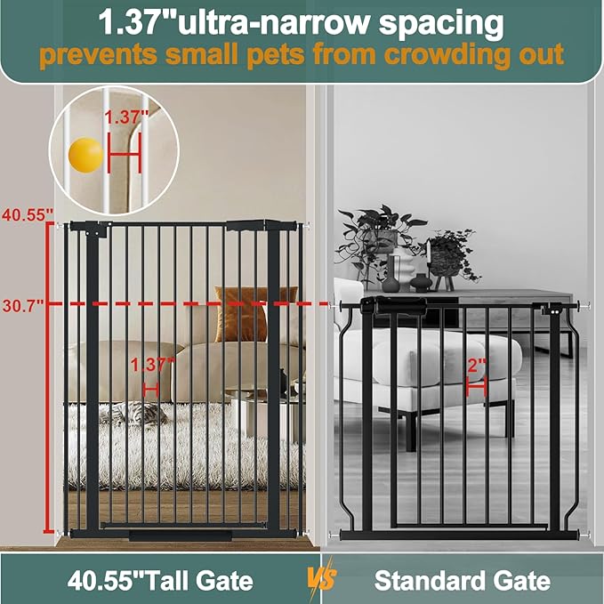 40.55" Tall 1.37" Ultra Narrow Spacing Dogs Pets Baby Gate for Doorway Safety Proof Indoor 30.11-34.05" Extra Wide Puppy Pressure Mounted No Drill Walk Through Black Metal Hallway