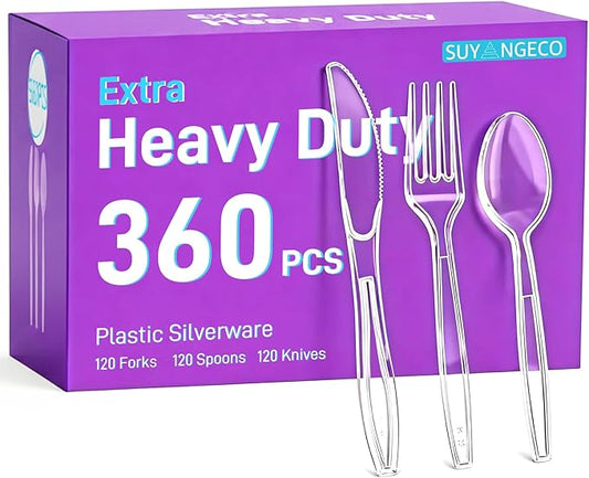 360 Count Clear Plastic Forks Spoons Knives Bulk Heavy Duty Plastic Silverware Disposable Cutlery Set Thick Durable Party Utensils for Dinner,Daily Use,Picnic