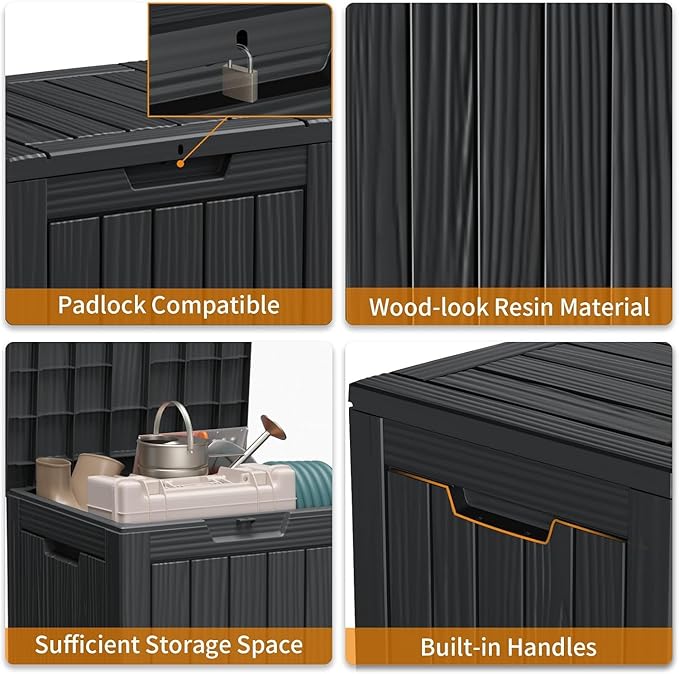 28 Gallon Deck Box,Resin Outdoor Storage Box with Lockable for Patio Furniture, Pool Accessories, Garden Tools Waterproof Outside Storage Box, Black