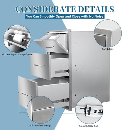 Outdoor Kitchen Drawers with Paper Towel Holder 17"Wx30"Hx20"D Flush Mount Access 3-Drawer BBQ Stainless Steel Drawers with Handle for Outdoor Kitchen Island or Grill Station