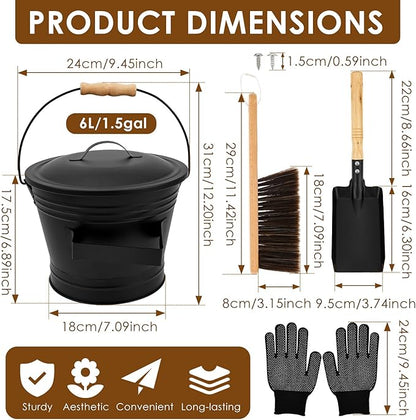1.5 Gallon Ash Bucket with Lid and Shovel Broom Metal, Fireplace Ash Bucket, Complete Fireplace Tools Set for Fire Pit Grill Black(4 Pcs Set)