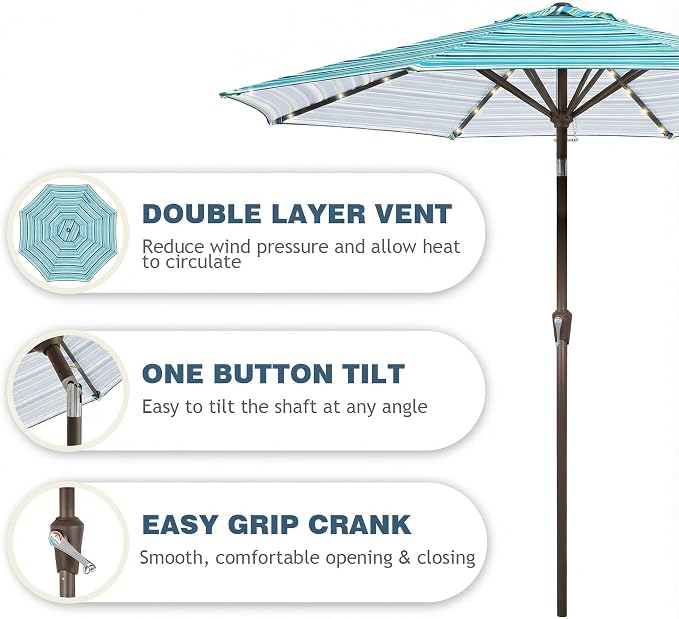 9FT Patio Umbrella with Solar Lights, Outdoor Market Umbrella with Tilt and - Image 2
