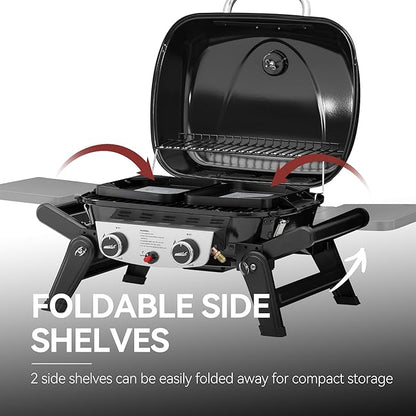 Royal Gourmet GT2005 2 Burner Portable Propane Gas Grill with Foldable Side Tables & Foldable Support Legs, Tabletop Gas Grill with Warming Rack for Outdoor Cooking & Grilling, Black