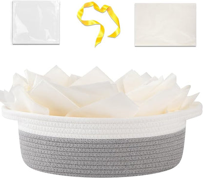 OIAHOMY Gift Basket Empty with Handle, 12"x 8"x 5" Small Woven Basket with Gift Bag, Ribbon and Wrap Tissue Paper, Dog Toy Storage for Organizing - Grey & White