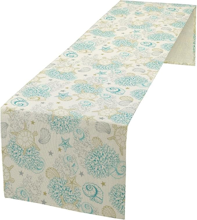 Ocean Coastal Table Runner, Nautical Summer Beach Coral Sea Turtle Table Runner for Kitchen Coffee Dining Bedroom Living Room Dinner 13x60in