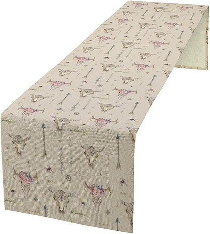 Western Boho Table Runner, Aztec Native Tribal Bull Skull Southwestern Bohemian Geometric Floral Pattern Table Runner for Home Kitchen Dining Party Farmhouse Cafe 13x70in