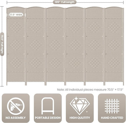 6 Panel Room Divider,6Ft Folding Privacy Screen,Tall - Extra Wide Foldable Panel Partition Wall Divider with Diamond Double-Weaved Hand-Woven Design Room Screen Divider