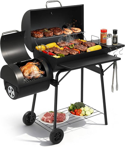 Outvita Charcoal Grill with Offset Smoker, Barrel Barbecue Smoker Grill with Spacious Cooking Area for BBQ, Backyard Patio Picnic Parties Camping, Black