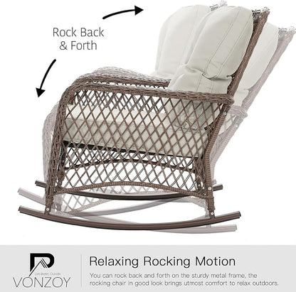 Patio Furniture Set 3 Pieces, Wicker Outdoor Rocking Bistro Set, Pale White | - Image 3