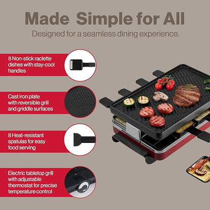 Swissmar Classic 8-Person Raclette Party Grill with Reversible Cast Iron Grill Plate/Crepe Top, Indoor Electric Raclette Grill & Griller - Red