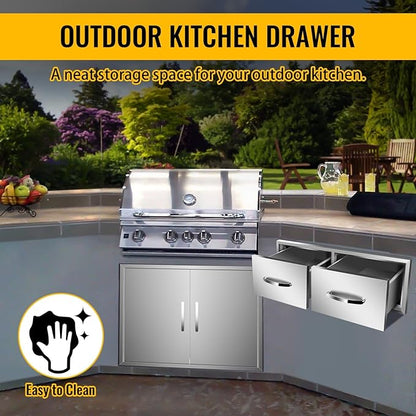 Outdoor Kitchen Drawers, Box Frame Style Flush Mount BBQ Drawer w/Stainless Steel Handle, BBQ Island Drawers For Patio Grill Station,Double Drawers