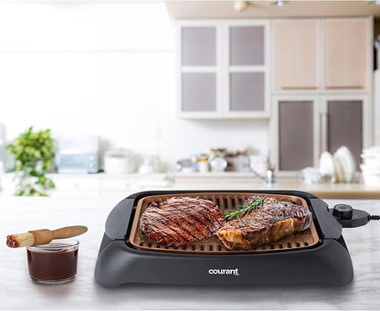Courant smokeless indoor Electric grill, Copper Non-stick Coating Extra Large and Adjustable Temperature Control, Grill BBQ, Table Top Indoor Grill