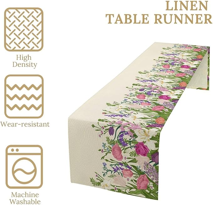 Floral Table Runner,Watercolor Spring Summer Seasons Pink Purple Flowers Table Decoration for Wedding Holiday Indoor Outdoor Home Party 13x120in