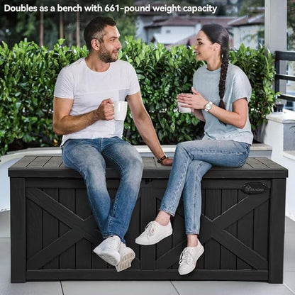YITAHOME 120 Gallon Large Outdoor Storage Box with X-Shaped Front, Waterproof Resin Deck Box Cushion Storage Bench for Patio, Pool Supplies, Garden Tools - Lockable, Black