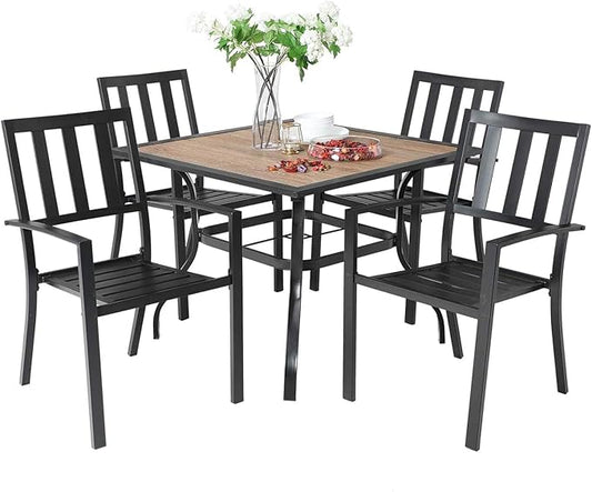 Sophia & William Patio Table and Chairs Set, Outdoor Dining Set for 4, 5 Piece Metal Patio Furniture, 37" Square Table with Wood-Like Tabletop(Stripe)