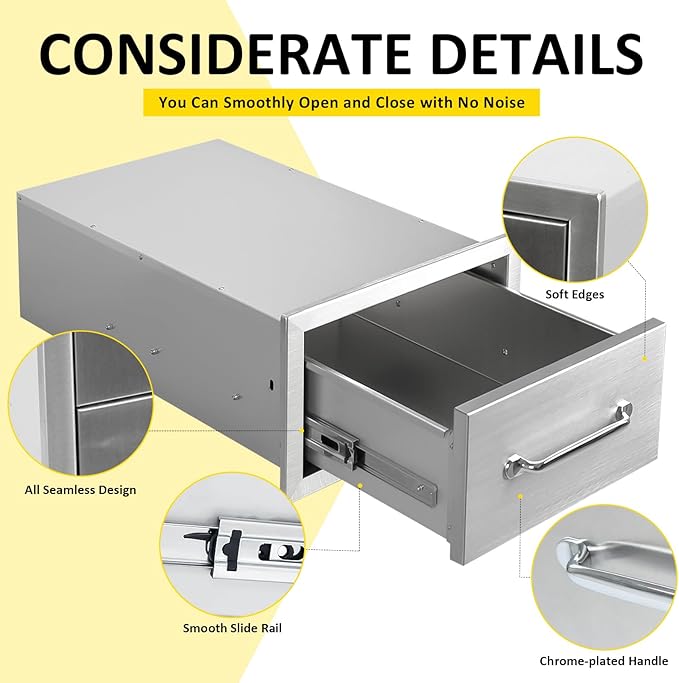 Outdoor Kitchen Drawers 14" W x 8.5" H x 23" D Flush Mount Single BBQ Drawers with Chrome Handle Built-in Stainless Steel Drawer for Outdoor Kitchen Island, Patio Grill Station