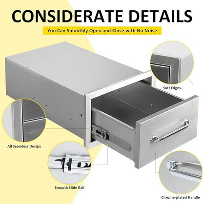 Outdoor Kitchen Drawers 14" W x 8.5" H x 23" D Flush Mount Single BBQ Drawers with Chrome Handle Built-in Stainless Steel Drawer for Outdoor Kitchen Island, Patio Grill Station