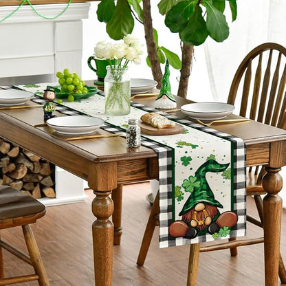 Artoid Mode Buffalo Plaid Shamrock Gnome St. Patrick's Day Table Runner, Seasonal Spring Holiday Kitchen Dining Table Decoration for Indoor Outdoor Home Party Decor 13 x 108 Inch
