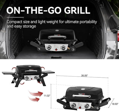 Royal Gourmet GT2005 2 Burner Portable Propane Gas Grill with Foldable Side Tables & Foldable Support Legs, Tabletop Gas Grill with Warming Rack for Outdoor Cooking & Grilling, Black