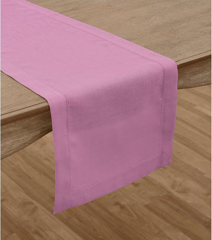 Solino Home Linen Table Runner 120 Inches Long - Classic Hemstitch 100% Pure Linen Violet Dining Table Runner 14 x 120 Inch for Valentines, Spring, Easter
