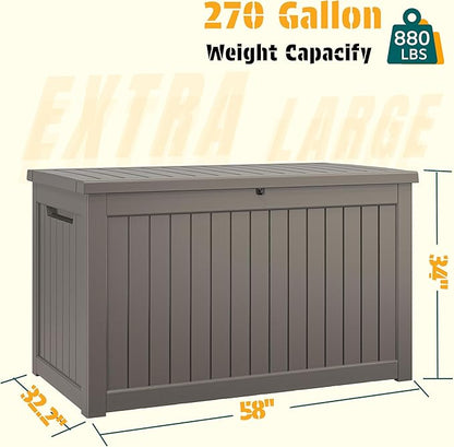 NUNU LAB 270 Gallon Large Resin Deck Box, Waterproof Outdoor Storage Box, Lockable Storage Bin for Patio Furniture, Garden Tools, Pool Accessories, UV-Resistant & All-Weather, Grey
