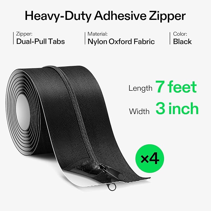 VIVOSUN 4-Pack Self Adhesive Zipper Door for Debris Barriers, 3In. x 7Ft. Peel & Stick, Heavy-Duty & Double-Sided Zipper for Tarp, Greenhouse, Indoor Outdoor Tent, Black