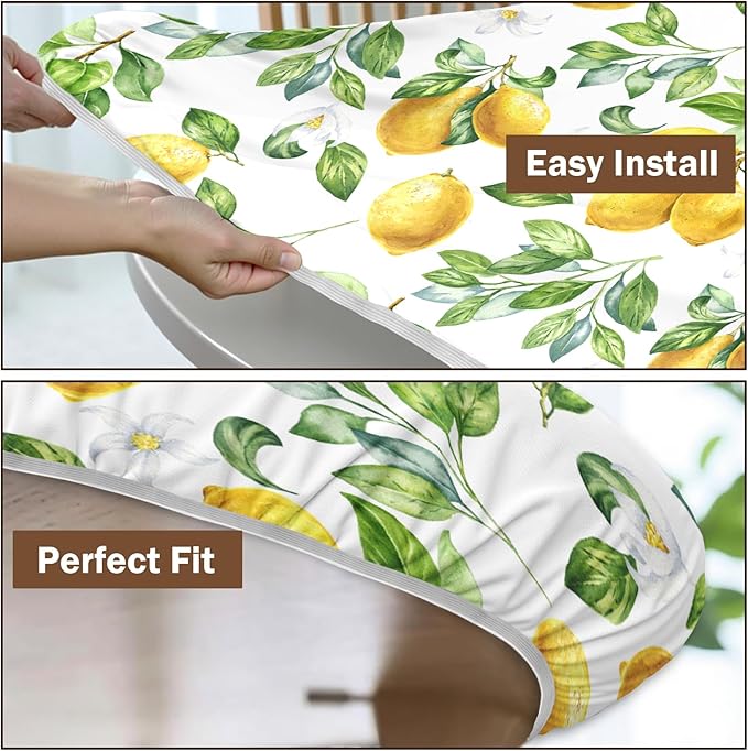 Lemon Round Fitted Tablecloth with Elastic Spring Summer Yellow Lemons Circle Table Cloth for 36-40" Round Tables Wipeable Waterproof Lemonade Party Farmhouse Table Cover for Picnic Dining Outdoor