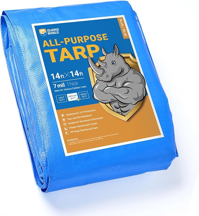GUARD SHIELD Blue Tarp Waterproof 14x14 Feet Medium Duty All Purpose Poly Tarps Cover 7mil