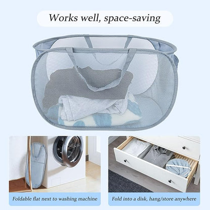 Extra Large Mesh Pop Up Laundry Hamper 2 Pack, 100L Foldable Laundry Baskets, Dirty Clothes Hamper with Pocket, Collapsible Hampers for Travel, Nursery, Dorm or Home. Grey 2H
