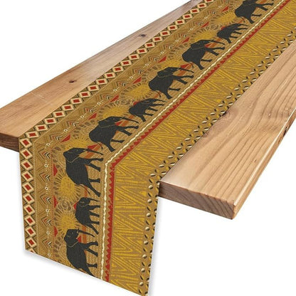 African Tribe Table Runner, Rustic Elephants Tribal Boho Diwali India Traditional Ethnic Folk Yellow Coffee Table Center Decor for Home Kitchen Room Holiday Party Outdoor Table Decorations, 13"x108"