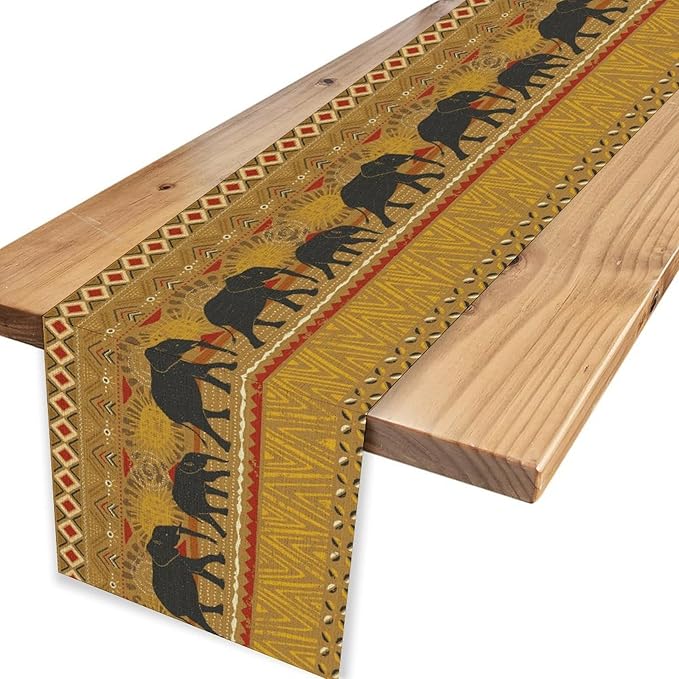 African Tribe Table Runner, Rustic Elephants Tribal Boho Diwali India Traditional Ethnic Folk Yellow Coffee Table Center Decor for Home Kitchen Room Holiday Party Outdoor Table Decorations, 13"x72"