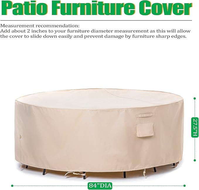 F&J Outdoors Patio Furniture Covers Waterproof UV Resistant Rip-stop Fabric Round Outdoor Furniture Covers, Beige, 84" Dia x 27.5" H