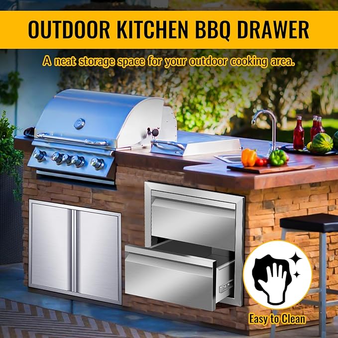 Outdoor Kitchen Drawers, Flush Mount Triple Access BBQ Drawers With Stainless Steel Handle, BBQ Island For BBQ Island Patio Grill Station,Double Drawers