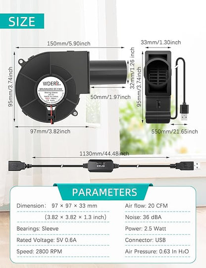 97mm x 33mm USB Centrifugal 5V Air Blower Brushless Fan with Tube for Replacement Fireplace Forge Smoker BBQ Electronic Cabinet Squirrel Cage Cooler