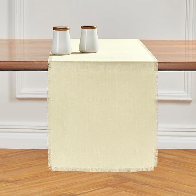 Solino Home Fringe Linen Table Runner 60 Inches - 100% Pure Linen Creamy Ivory Table Runner 14 x 60 Inch Ideal for Dresser and Coffee Tables - Spring, Easter