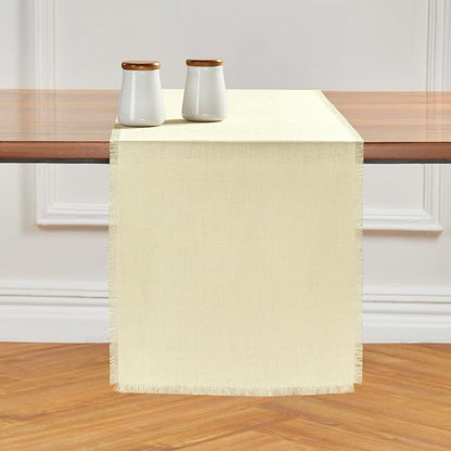 Solino Home Fringe Linen Table Runner 60 Inches - 100% Pure Linen Creamy Ivory Table Runner 14 x 60 Inch Ideal for Dresser and Coffee Tables - Spring, Easter