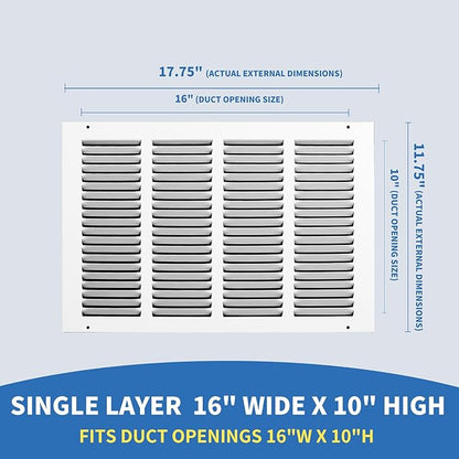 16x10 Return Air Grille (Duct Opening Size), Air Return Vent Cover, AC Vent Cover, Cold Air Return Vent Cover, Flat Return Air Grilles, Outer Dimensions:17.75"W x 11.75"H (16"Wx10"H, Duct Opening)