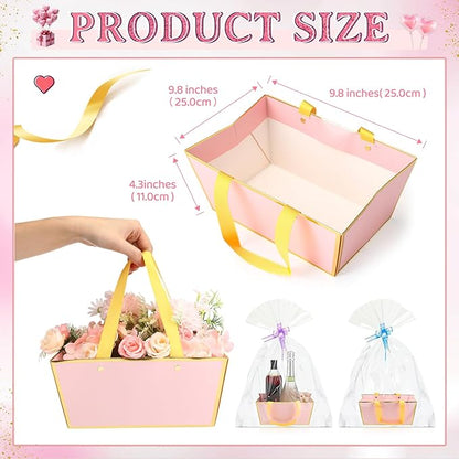 Tuanse 30 Pcs Basket for Gift Empty DIY Bulk Gift Basket Kit with Handle Kraft Cardboard Tray with 30 Bag 30 Bow Market Tray for Wedding Party(Pink,9.8 x 6.7 x 4.3 in)