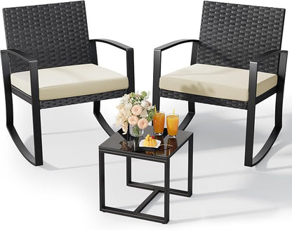 Qsun 3 Pieces Porch Furniture Set Patio Rocking Bistro Set Outdoor Patio Chairs by Qsun