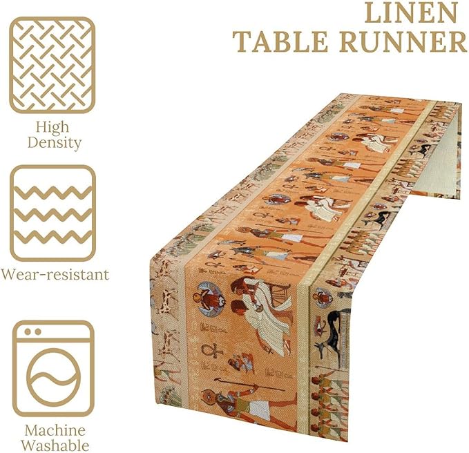 Ancient Table Runner, Mythology Egyptian Gods Pharaohs Antique Golden Hieroglyphs Print Pattern Table Runner for Dining Bedroom Kitchen Party Outdoor 13x36in