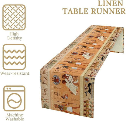 Ancient Table Runner, Mythology Egyptian Gods Pharaohs Antique Golden Hieroglyphs Print Pattern Table Runner for Dining Bedroom Kitchen Party Outdoor 13x36in