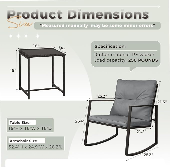SUNCROWN 3 Piece Outdoor Rocking Bistro Set Black Wicker Furniture Porch Chairs - Image 9