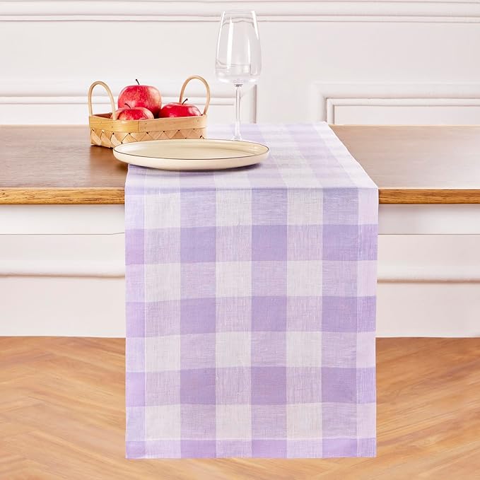 Solino Home Linen Checkered Table Runner 132 Inches Long - 100% Pure Linen Buffalo Check Misty Lavender Table Runner 14 x 132 Inch Ideal for Dining, Valentines, Spring, Easter