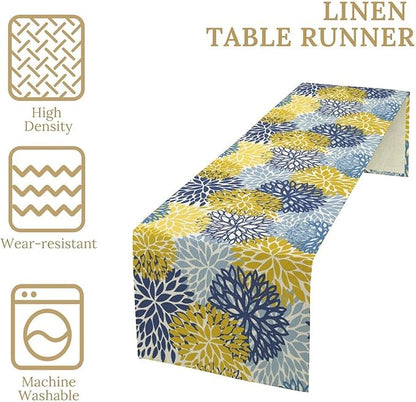 Dahlia Flower Table Runner,Blue Yellow Floral Print Table Runner for Kitchen Dining Table Dinner Holiday Home Party Indoor Outdoor Decor 13x108in