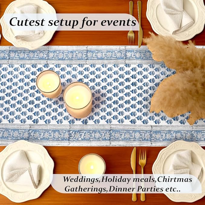 CPC Cotton Table Runner 16x90 Inch Block Printed Long Fall Table Runner for Dining Table, Card Table, Coffee Table, Wedding, Farmhouse & Outdoor Barbeque-Apatite Blue