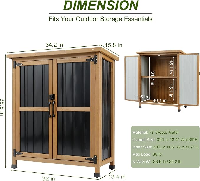Ketive Small Outdoor Storage Cabinet Wood & Metal, Small Garden Tool Storage - Image 3