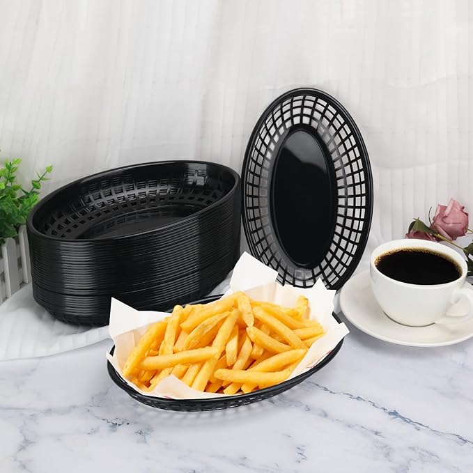 90 Pcs 9 x 5.7 Inch Reusable Oval Fast Food Baskets, Sturdy Plastic Serving Baskets for Fast Food, Parties, Picnics, BBQs and Snacks, by KUKLIPJIM.(Black)