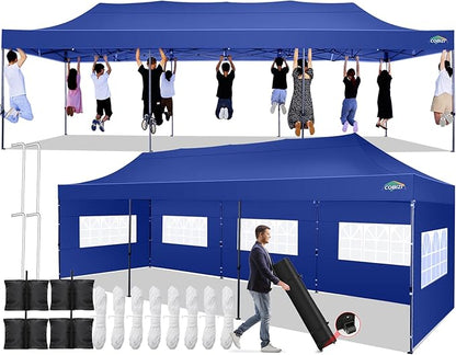 COBIZI 10x30 Pop up Canopy Tent 10x30 Canopy with 8 Sidewalls Waterproof Heavy Duty Commercial Canopy Tent for Parties Outdoor Garden Gazebo, Carry Bag with Wheel(10x30ft, Dark Blue)