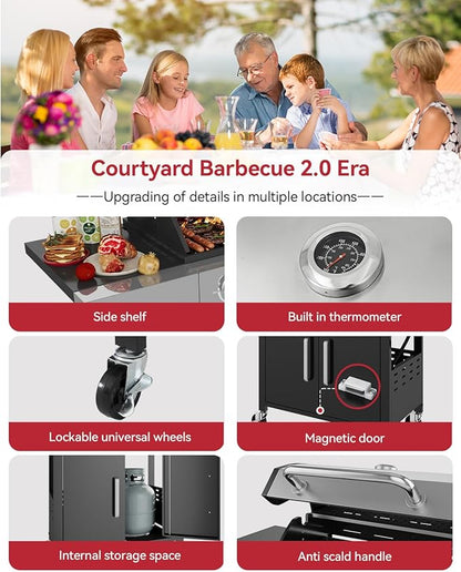Aoxun 4-Burner Propane Grill with Side Burner, 49000 BTU Gas Grill, Stainless Steel Outdoor Grill with Cast Iron Grates & Side Tables for Backyard, Patio, Camping