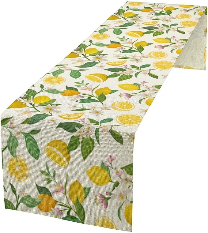 Yellow Lemon Table Runner,Spring Floral Summer Fruits Print Table Decoration for Farmhouse Kitchen Dinner Dining Table Holiday Party Home Decor 13x108in